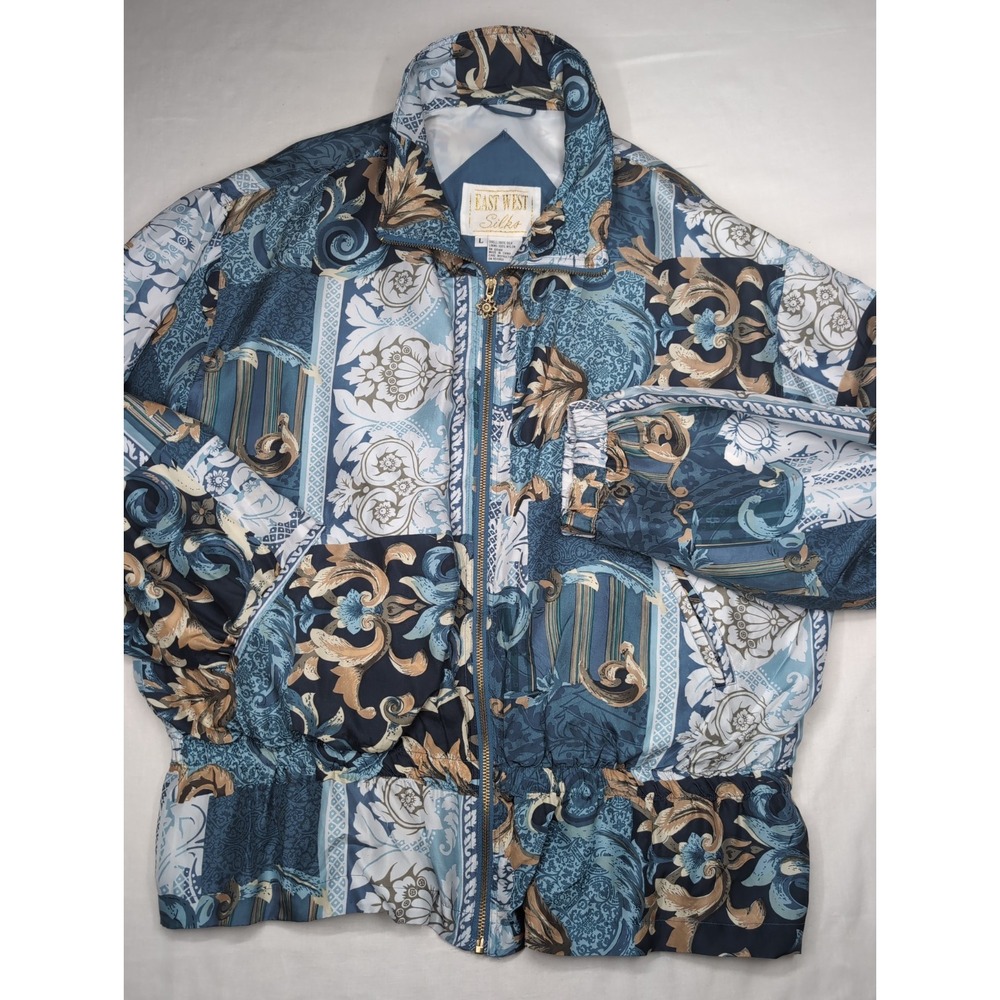 VTG East West Silks Womens Large Blue Silk Bomber Jacket Floral Lined Full Zip